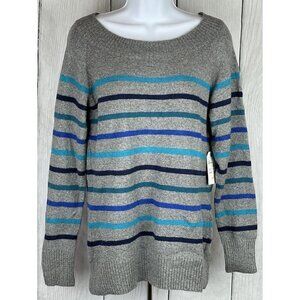 NWT St. John's Bay Womens Large LS Sweater Gray Blue Turquoise Stripes V-Nec